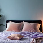 **

A serene bedroom featuring soft blue walls, organic cotton sheets, linen and velvet cushions, and dim lighting. Include calming natural elements like lavender, a fern, and Himalayan salt lamp to create a relaxing, peaceful ambiance.

**
