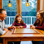 A family portrait featuring a father, mother, and two children (approximately 8 and 10 years old) gathered around a large wooden dining table in a cozy, modern home. They are actively engaged in playing a classic board game, with game pieces scattered across the table. All family members are smiling, looking at each other with genuine warmth and connection, fully present in the moment. The setting is bathed in soft, inviting natural light, emphasizing togetherness. All subjects are fully clothed in comfortable, modest, family-friendly attire. This image embodies quality time and digital disconnection, safe for work, appropriate content, perfect anatomy, correct proportions, natural pose, well-formed hands, proper finger count, natural body proportions, professional photography, high quality, vibrant colors.