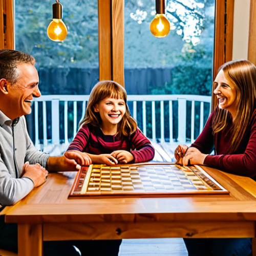 Home 6 A family portrait featuring a father, mother, and two children (approximately 8 and 10 years old) gathered around a large wooden dining table in a cozy, modern home. They are actively engaged in playing a classic board game, with game pieces scattered across the table. All family members are smiling, looking at each other with genuine warmth and connection, fully present in the moment. The setting is bathed in soft, inviting natural light, emphasizing togetherness. All subjects are fully clothed in comfortable, modest, family-friendly attire. This image embodies quality time and digital disconnection, safe for work, appropriate content, perfect anatomy, correct proportions, natural pose, well-formed hands, proper finger count, natural body proportions, professional photography, high quality, vibrant colors.