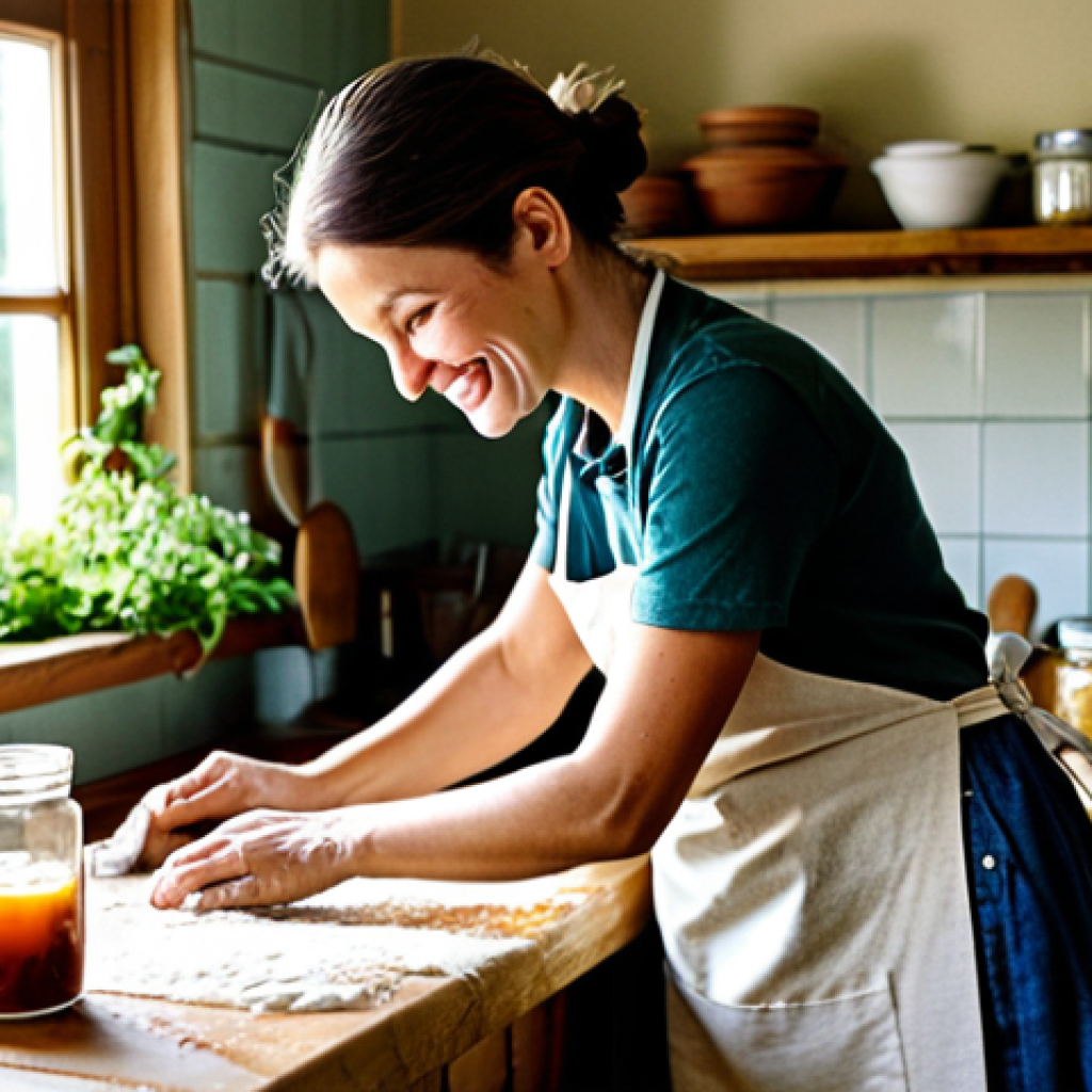 Cozy Kitchen Scene**
"A woman in a modest apron, smiling while kneading dough on a wooden countertop in a bright, rustic kitchen. Sunlight streams through the window, illuminating jars of homemade preserves and bundles of herbs hanging to dry. Fully clothed, appropriate attire, safe for work, perfect anatomy, natural proportions, high quality, family-friendly."
**