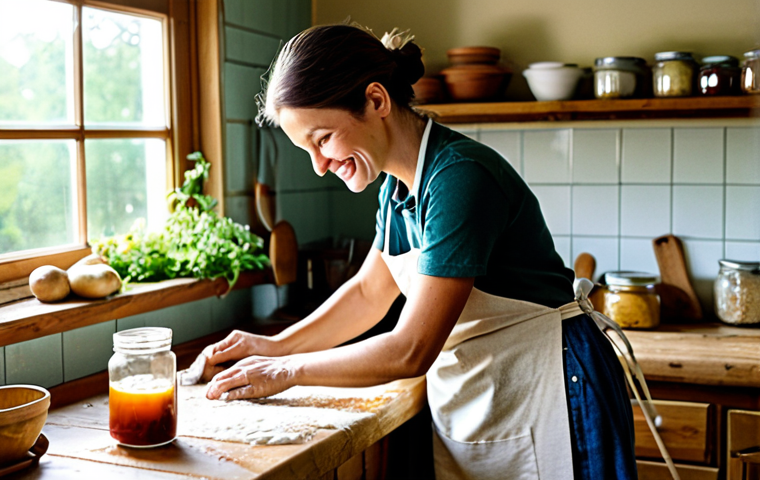 Cozy Kitchen Scene**
"A woman in a modest apron, smiling while kneading dough on a wooden countertop in a bright, rustic kitchen. Sunlight streams through the window, illuminating jars of homemade preserves and bundles of herbs hanging to dry. Fully clothed, appropriate attire, safe for work, perfect anatomy, natural proportions, high quality, family-friendly."
**