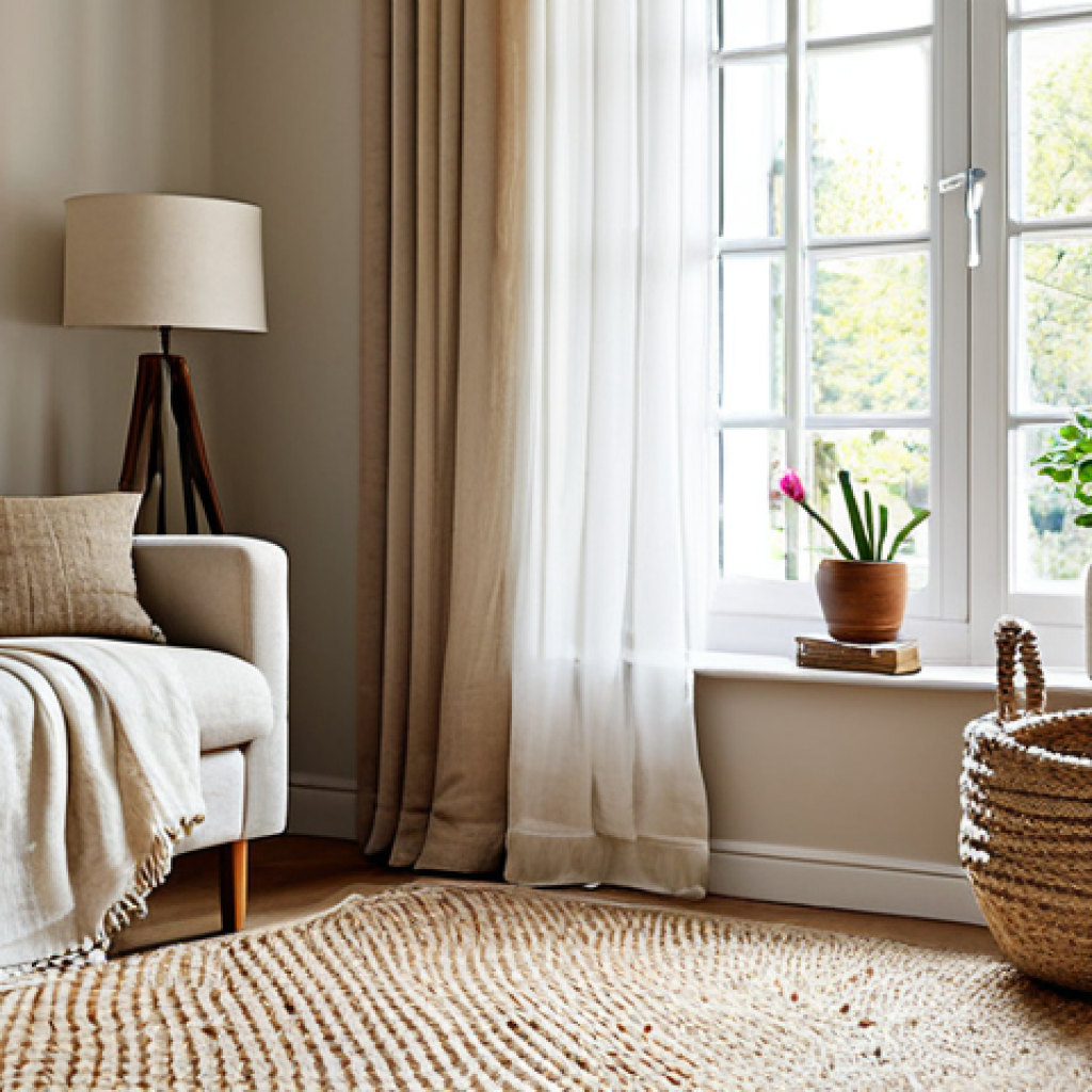 Textured Living Room**
"A bright and inviting living room with a comfortable sofa adorned with linen cushions and a chunky knit blanket, a jute rug on the floor, and sheer silk curtains filtering sunlight. A woven basket holds magazines. Walls are a warm neutral color. Perfect anatomy, natural proportions, appropriate content, fully clothed figures implied (if any), safe for work, modest setting, professional interior photography, high quality."
**