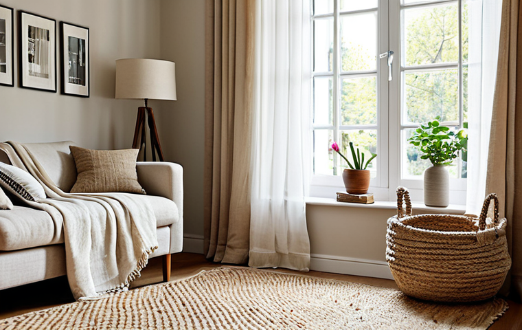 Textured Living Room**
"A bright and inviting living room with a comfortable sofa adorned with linen cushions and a chunky knit blanket, a jute rug on the floor, and sheer silk curtains filtering sunlight. A woven basket holds magazines. Walls are a warm neutral color. Perfect anatomy, natural proportions, appropriate content, fully clothed figures implied (if any), safe for work, modest setting, professional interior photography, high quality."
**