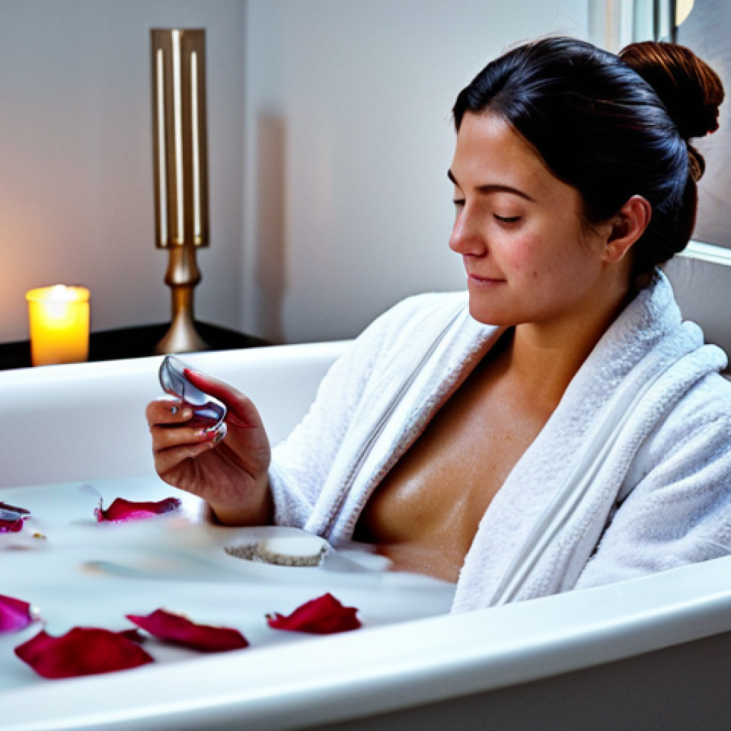 집안에서의 긴장을 푸는 방법 제안 - **Prompt:** "A cozy bathroom transformed into a personal spa. Soft lighting from candles reflects on...