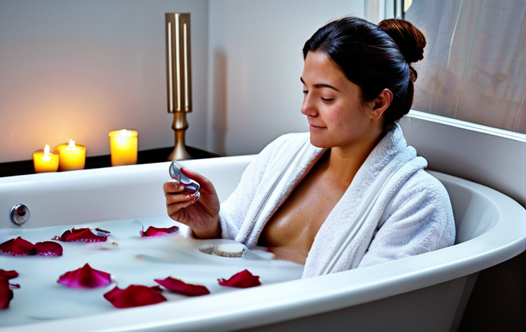 집안에서의 긴장을 푸는 방법 제안 - **Prompt:** "A cozy bathroom transformed into a personal spa. Soft lighting from candles reflects on...