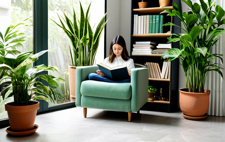 스트레스 완화에 효과적인 편안한 장소 만들기 - Tranquil Indoor Garden**
"A serene indoor space with abundant plants of various types, including pu...