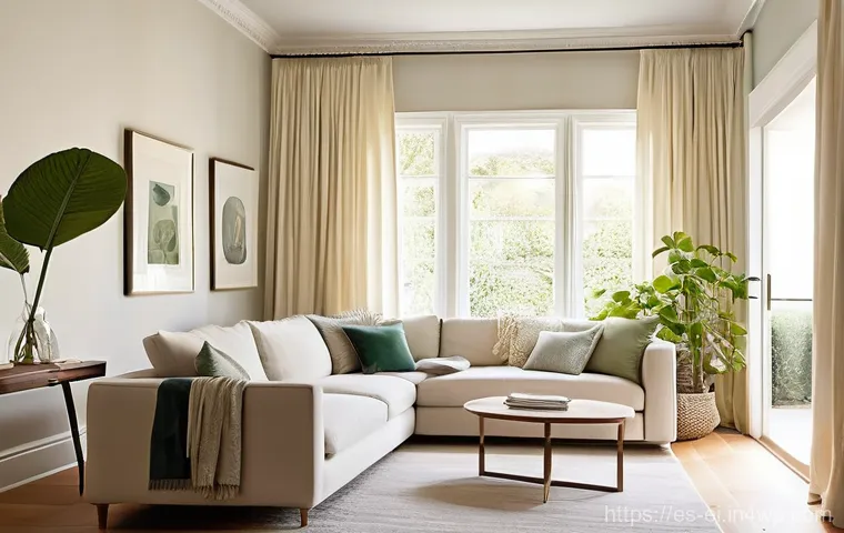 편안한 집안의 핵심 요소 분석 - **Prompt:** A serene and sun-drenched living room, bathed in abundant natural light streaming throug...