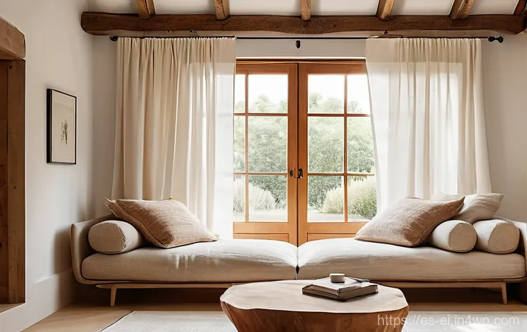 편안함을 주는 집안의 패브릭 선택 방법 - Prompt 1: Natural Serenity in a Sun-Drenched Living Room**
