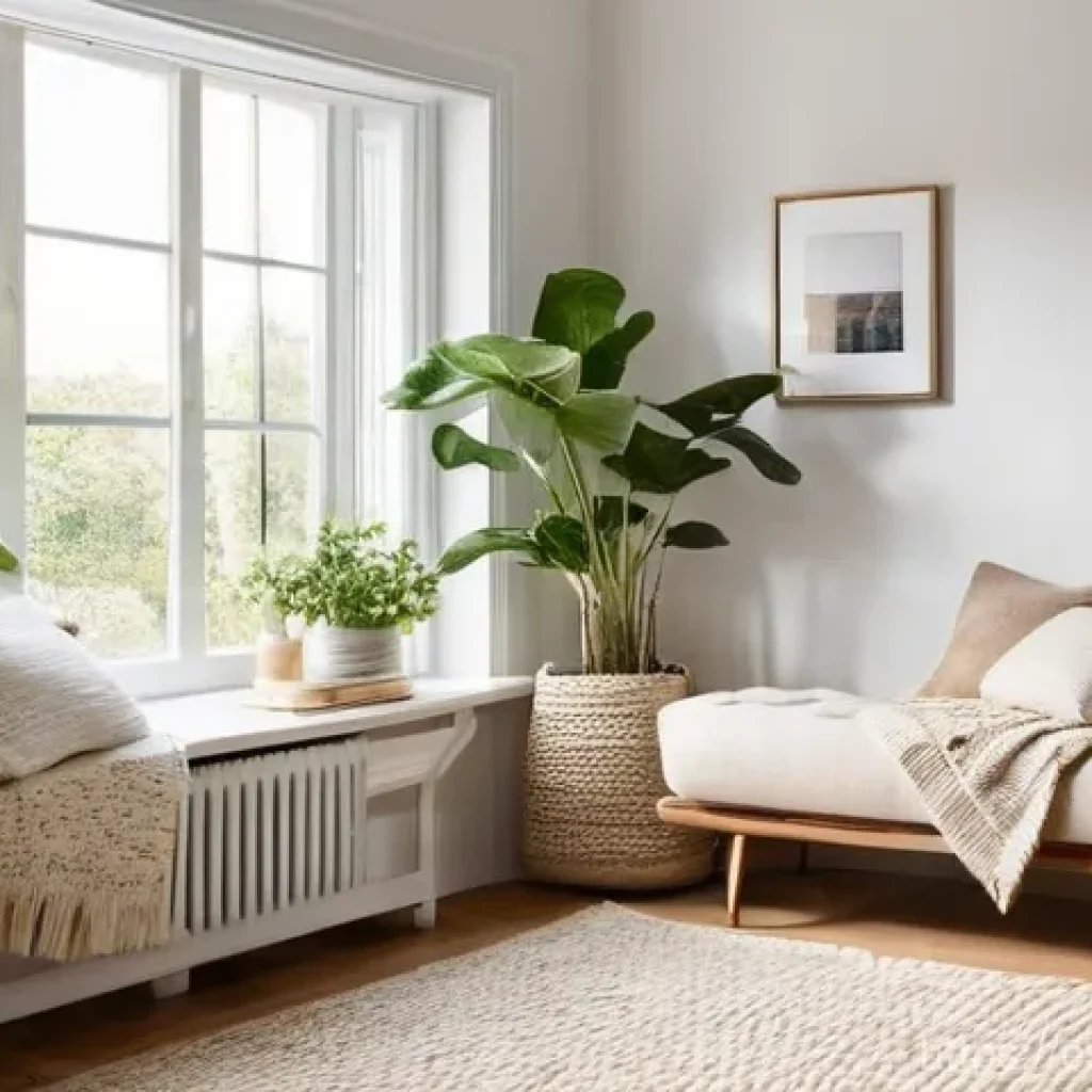 개인적인 느낌의 자기만의 공간 만들기 - **Prompt:** A cozy, sun-drenched reading nook, bathed in warm, natural light streaming through a lar...