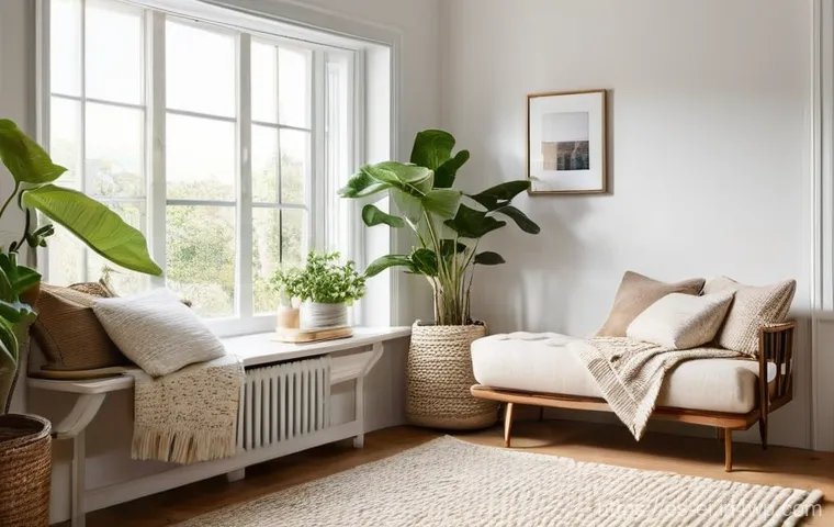 개인적인 느낌의 자기만의 공간 만들기 - **Prompt:** A cozy, sun-drenched reading nook, bathed in warm, natural light streaming through a lar...