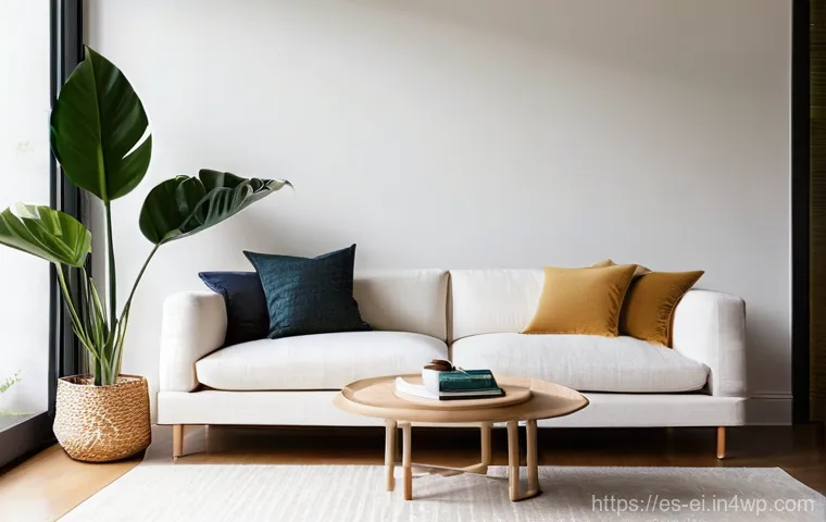 편안한 심리를 위한 집안의 인테리어 전략 - **Prompt:** A bright and airy living room designed with conscious minimalism, bathed in warm natural...
