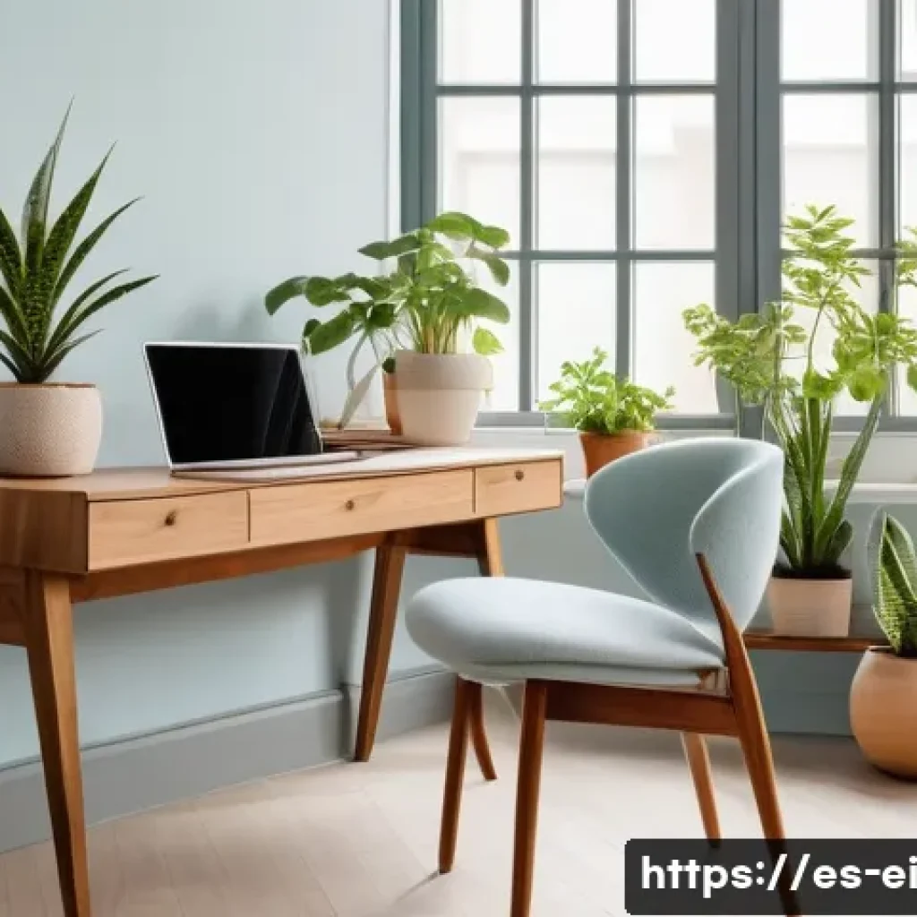 스트레스 해소를 위한 상징적인 공간 디자인 - A cozy, serene indoor workspace featuring a light wooden desk near a large window with soft natural ...