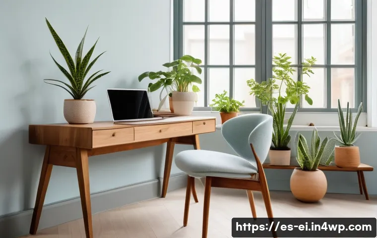 스트레스 해소를 위한 상징적인 공간 디자인 - A cozy, serene indoor workspace featuring a light wooden desk near a large window with soft natural ...