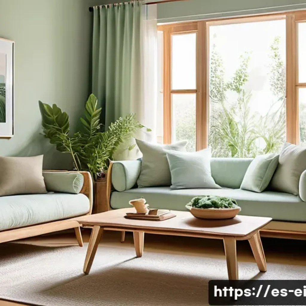 스트레스 해소를 위한 감정적인 공간 조성 - A cozy sunlit living room featuring large windows with sheer curtains gently diffusing warm natural ...