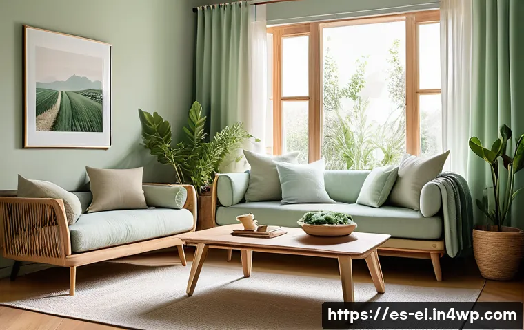 스트레스 해소를 위한 감정적인 공간 조성 - A cozy sunlit living room featuring large windows with sheer curtains gently diffusing warm natural ...