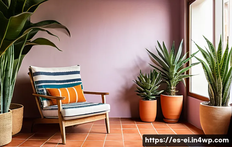 스트레스 완화를 위한 식물 기르기 - A serene indoor balcony scene in a Spanish-style apartment bathed in warm natural sunlight, featurin...