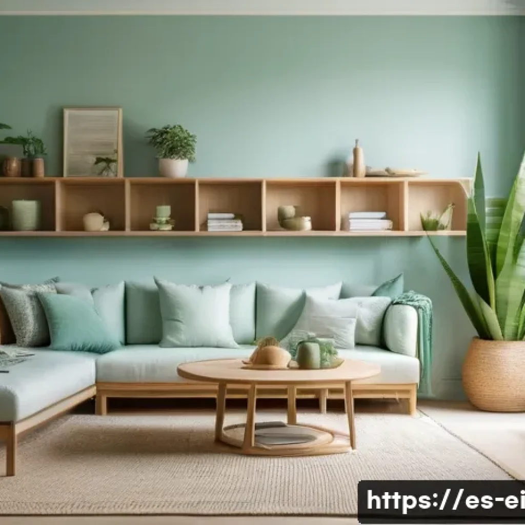 스트레스 관리에 도움이 되는 환경 조성하기 - A serene living room interior bathed in soft natural light from large windows, featuring minimalist ...