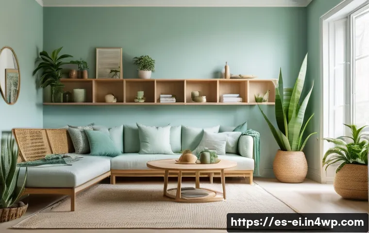 스트레스 관리에 도움이 되는 환경 조성하기 - A serene living room interior bathed in soft natural light from large windows, featuring minimalist ...