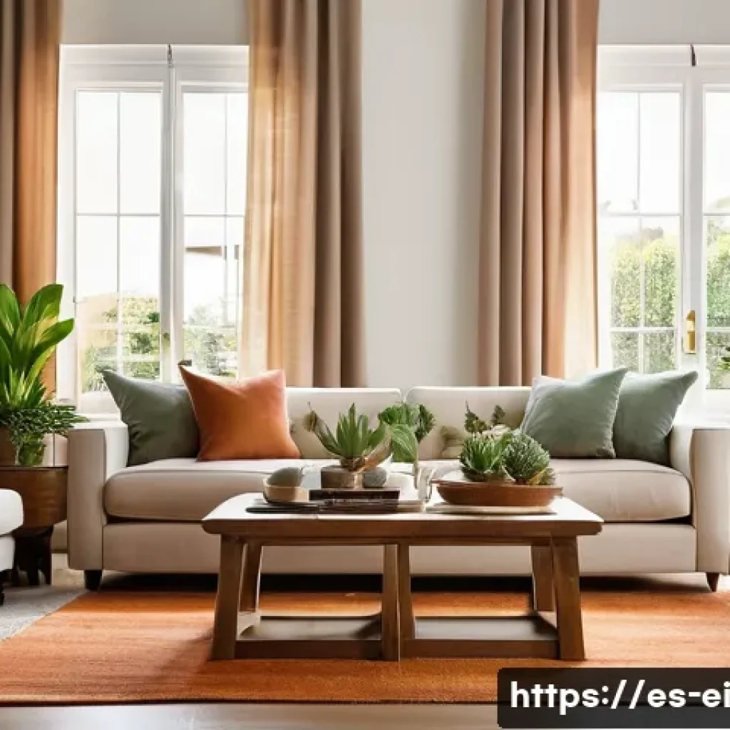 아늑한 분위기를 위한 집안의 조화 - A warm and inviting living room bathed in natural sunlight streaming through large windows, featurin...