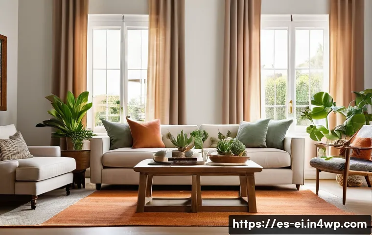 아늑한 분위기를 위한 집안의 조화 - A warm and inviting living room bathed in natural sunlight streaming through large windows, featurin...