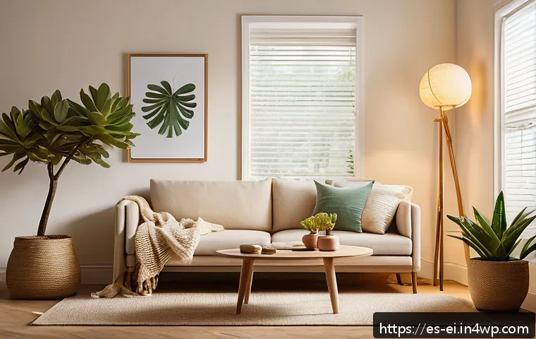 편안한 집안 환경을 위한 소품 추천 - A cozy living room scene featuring warm yellow-toned lighting from multiple sources, including floor...