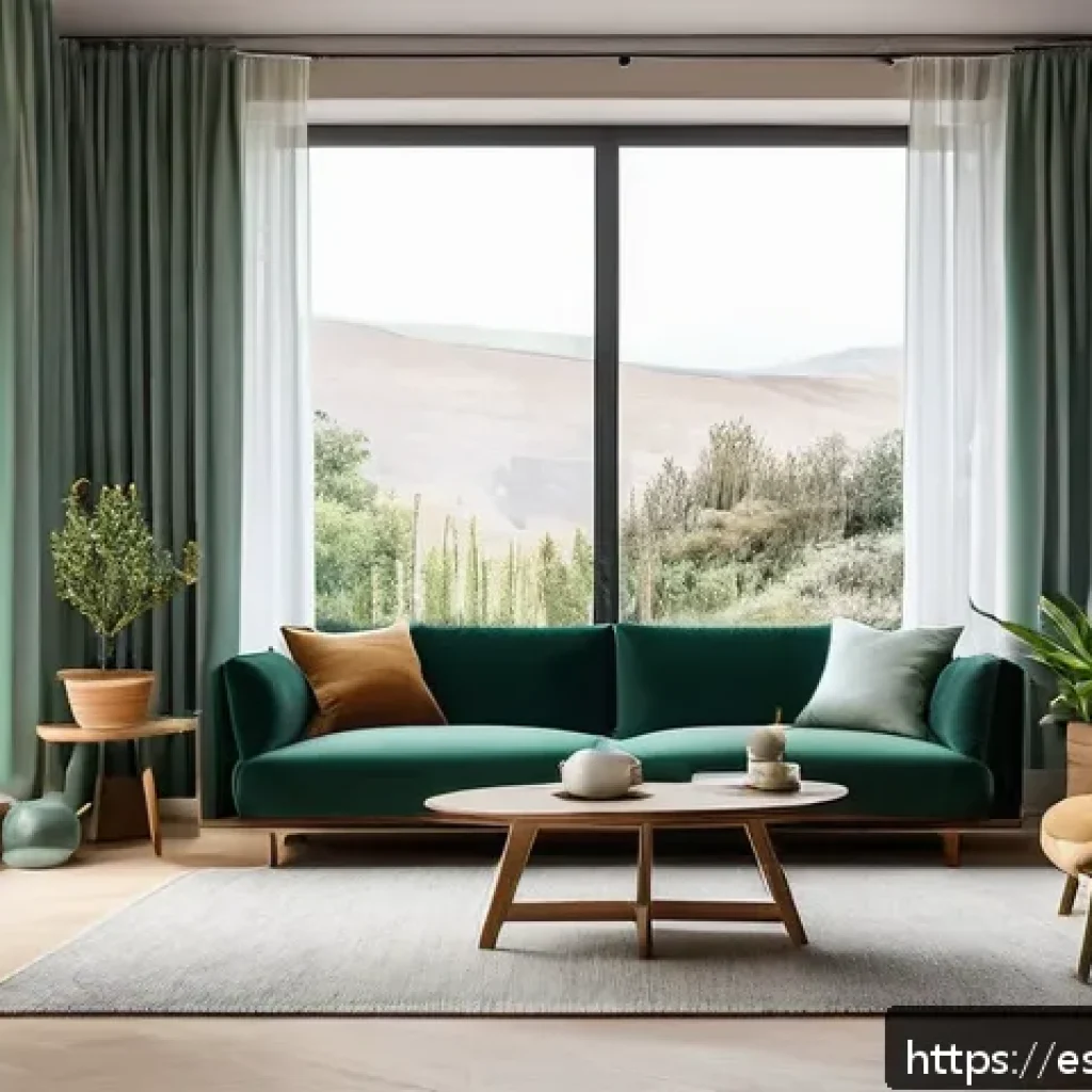 스트레스 해소를 위한 감각적인 공간 만들기 - A cozy living room bathed in warm, natural light streaming through large windows with sheer curtains...
