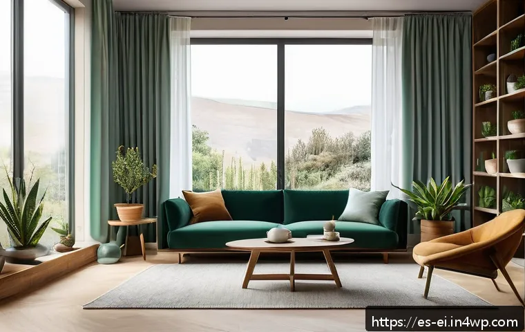 스트레스 해소를 위한 감각적인 공간 만들기 - A cozy living room bathed in warm, natural light streaming through large windows with sheer curtains...
