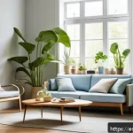 Home 20 스트레스 관리에 도움되는 집안의 목표 설정 - A serene and minimalist living room designed to promote calm and concentration, featuring clean, unc...