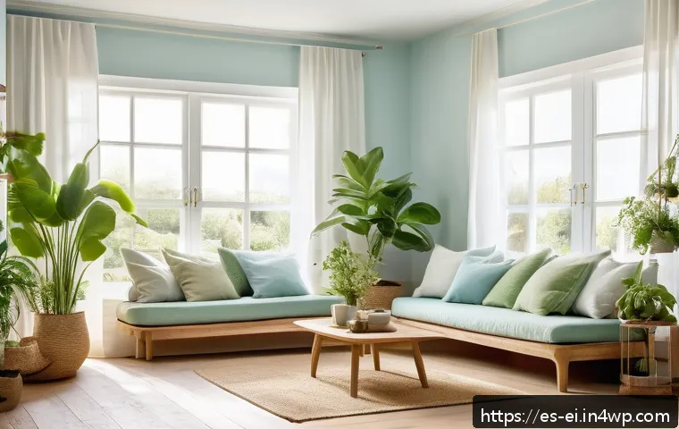 긍정적 에너지를 위한 집안의 환경 조성 - A bright and airy living room bathed in natural sunlight streaming through large windows with sheer ...