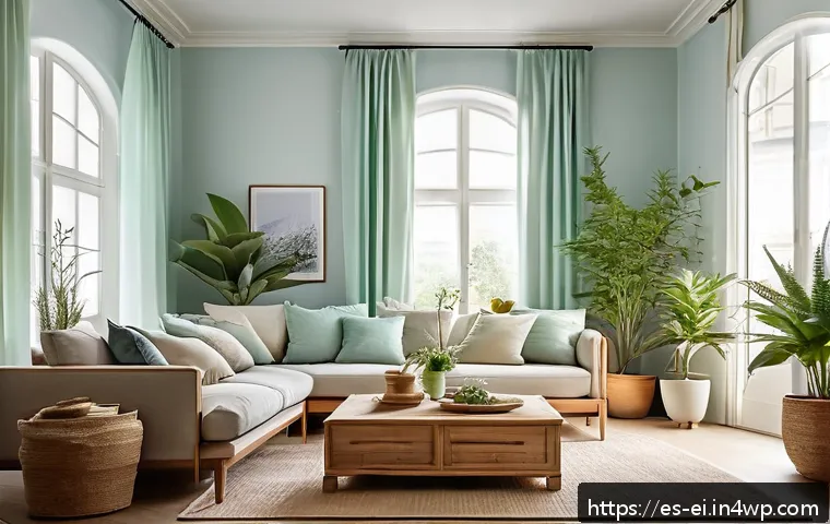 스트레스 없는 생활을 위한 환경 조성법 - A bright and serene living room bathed in abundant natural sunlight streaming through large windows ...