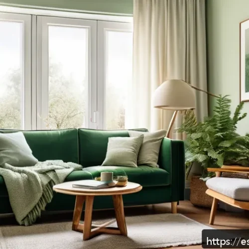 Home 17 우울감을 줄이는 홈 환경 설계 방법 - A cozy living room painted in soft green tones, featuring a comfortable armchair with good lumbar su...