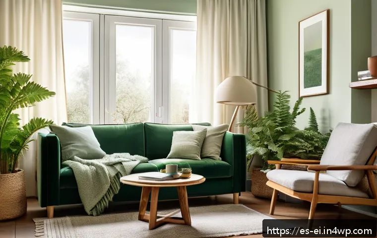 우울감을 줄이는 홈 환경 설계 방법 - A cozy living room painted in soft green tones, featuring a comfortable armchair with good lumbar su...