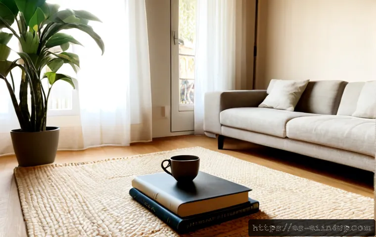 Home 17 스트레스 관리에 유용한 생활 공간 개선 - Photorealistic calm Spanish apartment living room redesigned for stress relief, sunlit window with s...