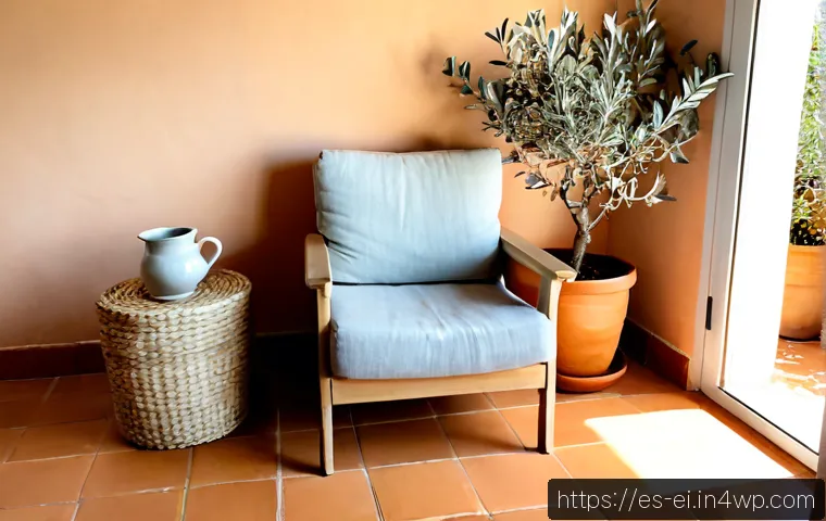 내 마음을 위한 공간 만들기 - Photorealistic sunlit apartment corner in a Spanish coastal home, a comfortable linen armchair besid...