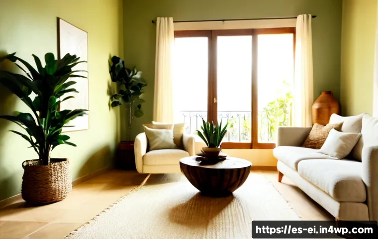 Home 17 스트레스 관리에 도움이 되는 집안의 색상 - Photorealistic serene Spanish family living room designed for stress relief, soft sage-green walls, ...
